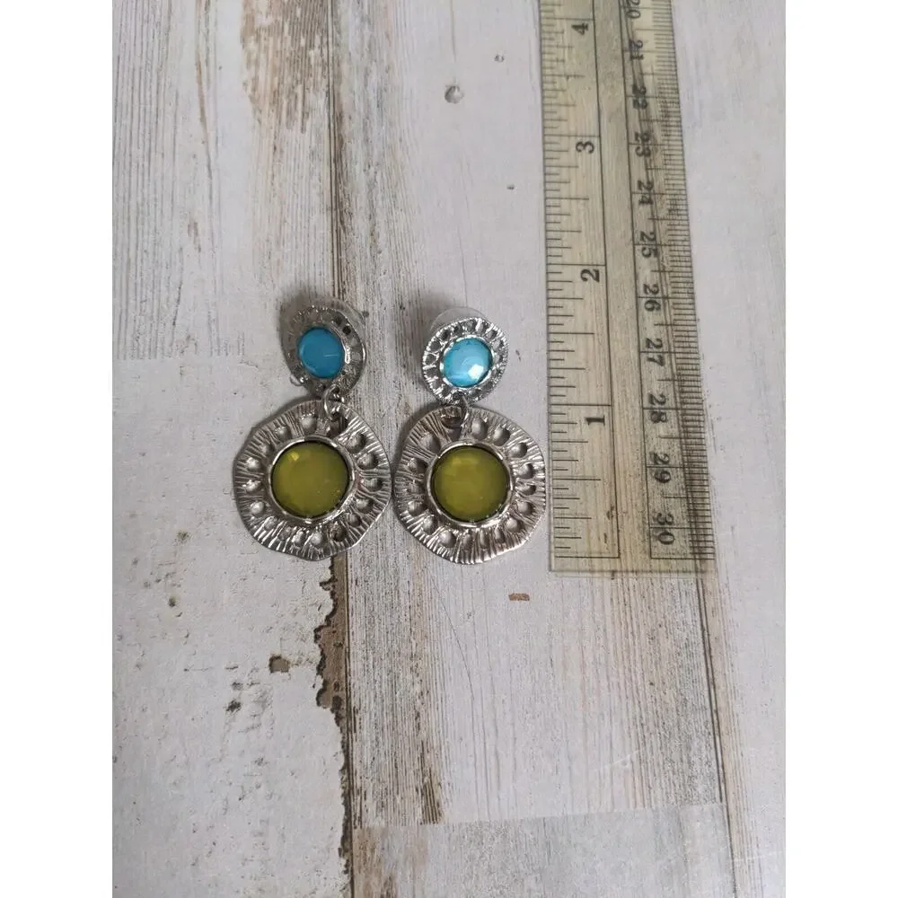 Statement Necklace & Matching‎ Earring Set, silver tone, blue yellow & teal - Picture 4 of 6